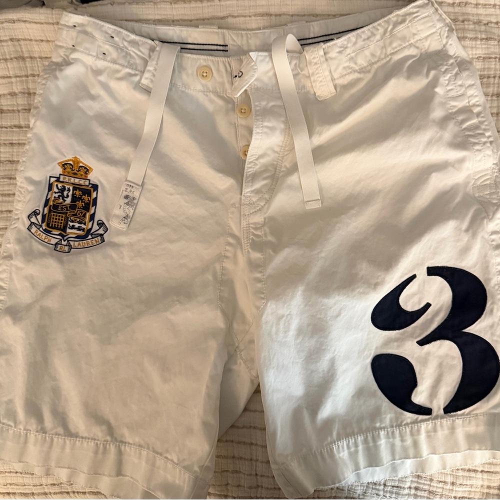 Ralph Lauren Polo White Shorts with Navy and Gold Crest. Size: 35